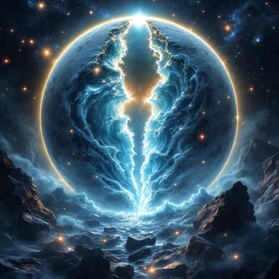 The primary subject of the image is a blue planet with a hole in the center, surrounded by a black background. The visual style appears to be a digital art or illustration, creating a unique and captivating scene. The colors and mood of the image are predominantly dark and mysterious, with the blue planet standing out as the focal point.